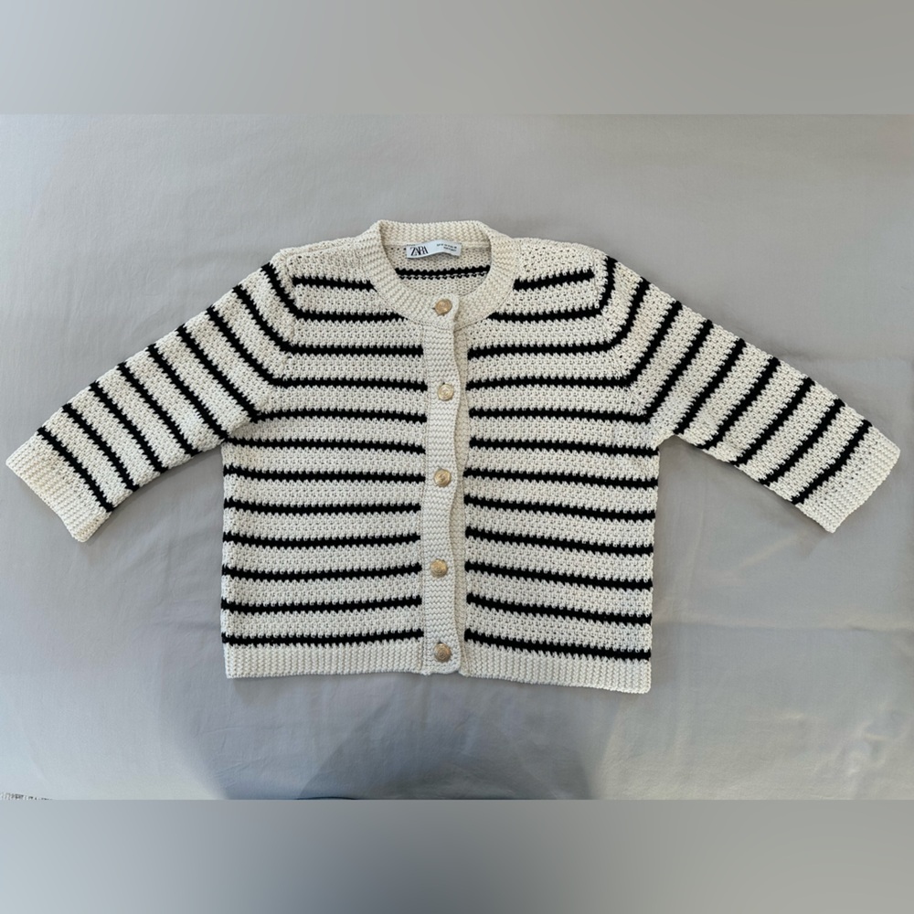 Zara Cream and Black Stripe Knit Cardigan